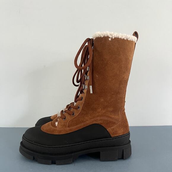 Jimmy Choo Aldea Lace-Up Shearling Lined Suede Camel Brown Mid Calf Boots - Picture 6 of 13
